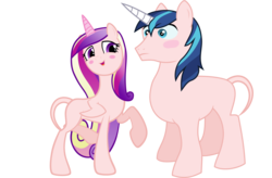 Size: 9593x6285 | Tagged: safe, artist:ekkitathefilly, artist:frownfactory, edit, editor:slayerbvc, vector edit, princess cadance, shining armor, alicorn, pony, unicorn, g4, absurd resolution, bald, blushing, concave belly, female, furless, furless edit, male, mare, missing accessory, nude edit, nudity, plucked, raised hoof, shaved, shaved tail, simple background, slender, stallion, thin, transparent background, vector