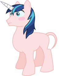 Size: 5338x6278 | Tagged: safe, artist:frownfactory, edit, editor:slayerbvc, vector edit, shining armor, pony, unicorn, g4, absurd resolution, bald, blushing, furless, furless edit, male, nude edit, nudity, shaved, shaved tail, simple background, solo, stallion, transparent background, vector