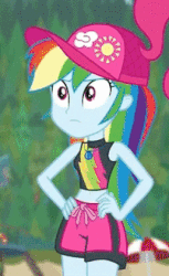 Size: 657x1075 | Tagged: safe, screencap, pinkie pie, rainbow dash, equestria girls, equestria girls specials, g4, my little pony equestria girls: better together, my little pony equestria girls: forgotten friendship, animated, beach, cap, clothes, crossed arms, female, gif, grumpy, hand on hip, hand on waist, hat, madorable, rainbow dash's beach shorts swimsuit, sassy, shorts, swimming trunks, swimsuit