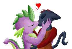 Size: 1024x696 | Tagged: safe, artist:chiptunebrony, spike, cat, dragon, anthro, g4, crossover, crossover shipping, eyes closed, female, heart, hug, kissing, mae borowski, maespike, male, night in the woods, older, older spike, shipping, straight