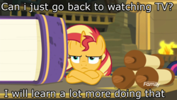 Size: 1366x768 | Tagged: safe, edit, edited screencap, screencap, sunset shimmer, pony, unicorn, equestria girls, equestria girls series, forgotten friendship, g4, book, bored, crossed hooves, female, fireplace, image macro, meme, scroll, solo, sunset shimmer is not amused, unamused