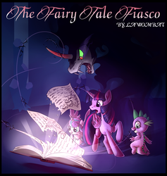 Size: 835x882 | Tagged: safe, artist:lawombat, king sombra, princess flurry heart, spike, twilight sparkle, alicorn, pony, umbrum, fanfic:the fairy tale fiasco, g4, book, curved horn, fanfic, fanfic art, fanfic cover, horn, sombra eyes, twilight sparkle (alicorn)