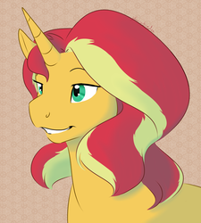 Size: 1000x1110 | Tagged: safe, artist:kourabiedes, sunset shimmer, pony, unicorn, g4, abstract background, female, simple background, solo