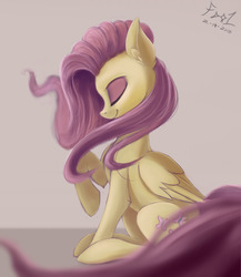 Size: 2200x2538 | Tagged: safe, artist:foughtdragon01, fluttershy, pegasus, pony, g4, eyes closed, female, happy, high res, mare, signature, sitting, smiling, solo, speedpaint, windswept mane, wings