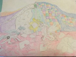 Size: 4032x3024 | Tagged: safe, artist:seriousponylovers, princess celestia, princess luna, alicorn, pony, g4, blanket fort, cewestia, female, filly, past, pillow, pillow fight, traditional art, woona, young celestia, young luna, younger