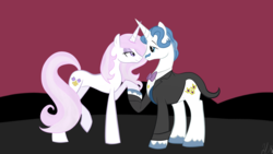 Size: 3264x1836 | Tagged: safe, artist:chelseawest, fancypants, fleur-de-lis, pony, g4, clothes, female, holding hooves, looking at each other, male, ship:fancyfleur, shipping, straight