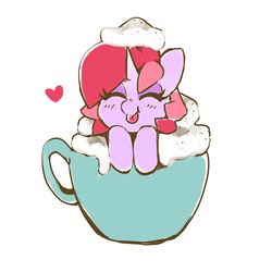 Size: 1800x1800 | Tagged: safe, artist:dawnfire, oc, oc only, oc:dawnfire, pony, unicorn, :p, :t, cup, cup of pony, cute, eyes closed, female, food, heart, leaning, mare, micro, ponies in food, silly, simple background, smiling, solo, tiny ponies, tongue out, whipped cream, white background