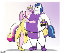 Size: 1280x1053 | Tagged: safe, artist:th0mas, princess cadance, shining armor, anthro, g4, bhm, chubby, fat, fat fetish, feedee, female, fetish, hug, husband and wife, larger male, male, musclegut, muscles, obese, shining blubber, ship:shiningcadance, shipping, size difference, smaller female, straight