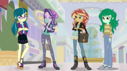 Size: 1280x720 | Tagged: safe, artist:3d4d, artist:lifes-remedy, artist:punzil504, edit, edited screencap, screencap, juniper montage, starlight glimmer, sunset shimmer, wallflower blush, equestria girls, equestria girls series, equestria girls specials, forgotten friendship, g4, mirror magic, beanie, clothes, counterparts, food, freckles, geode of empathy, glasses, hat, ice cream, jacket, leather jacket, mall, pants, shoulder bag, sweater, twilight's counterparts