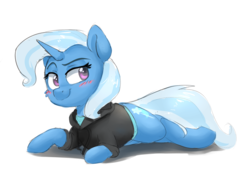 Size: 968x706 | Tagged: safe, artist:pucksterv, trixie, pony, unicorn, g4, clothes, female, hoodie, mare, prone, simple background, smiling, solo, the great and powerful hoodie, white background