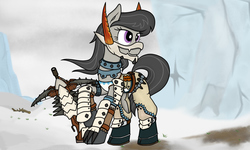 Size: 2560x1536 | Tagged: safe, artist:xphil1998, octavia melody, g4, armor, bowgun, crossover, female, ice, monster hunter, snow, solo, tundra, weapon