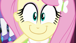 Size: 1920x1080 | Tagged: safe, screencap, fluttershy, rarity, equestria girls, g4, my little pony equestria girls, c:, c=, close-up, faic, female, happyshy, looking at you, nightmare fuel, smiling, solo focus, staring at you, staring into your soul