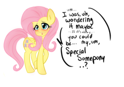 Size: 1280x897 | Tagged: safe, artist:spottyfreak, fluttershy, pegasus, pony, g4, blushing, bronybait, embarrassed, female, folded wings, heart eyes, simple background, solo, speech bubble, talking to viewer, turned head, white background, wingding eyes