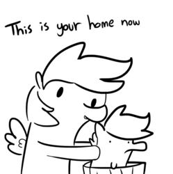 Size: 862x867 | Tagged: safe, artist:tjpones, rainbow dash, scootaloo, pegasus, pony, g4, abuse, black and white, dialogue, duo, female, filly, frown, grayscale, holding a pony, hoof hold, into the trash it goes, mare, monochrome, open mouth, scootabuse, simple background, smiling, trash can, white background