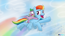 Size: 3840x2160 | Tagged: safe, artist:rupert, rainbow dash, spike, dragon, pony, g4, female, flying, high res, mare, multicolored hair, scared, smiling