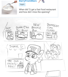 Size: 1202x1367 | Tagged: safe, artist:tjpones, starlight glimmer, oc, oc:brownie bun, oc:tjpones, earth pony, pony, unicorn, derpibooru, burger, chicken nugget, comments, fast food, female, food, french fries, glasses, grayscale, heck, male, mare, meta, monochrome, plushie, pun, restaurant, simple background, soda, solo, stallion, twilight burgkle, white background