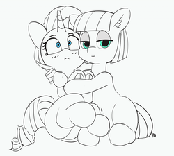 Size: 1280x1153 | Tagged: safe, artist:pabbley, maud pie, rarity, earth pony, pony, unicorn, g4, 30 minute art challenge, female, hug, lesbian, looking at you, mare, partial color, ship:rarimaud, shipping