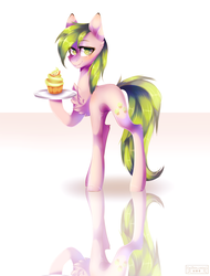 Size: 1945x2560 | Tagged: safe, artist:huirou, red gala, earth pony, pony, g4, apple family member, cupcake, female, food, mare, simple background, smiling, solo, tray