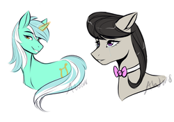 Size: 2597x1827 | Tagged: safe, artist:fairdahlia, lyra heartstrings, octavia melody, earth pony, pony, unicorn, g4, bowtie, glowing horn, horn, simple background, smiling
