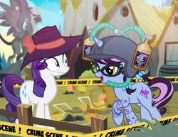 Size: 900x696 | Tagged: safe, artist:pixelkitties, rarity, trixie, oc, oc:pixelkitties, pony, unicorn, g4, alcohol, arrogant trixie ale, basket, beer, chalk outline, clothes, crime scene, detective rarity, drink, duo, female, food, griffonstone, hat, mare, muffin, show accurate, statue