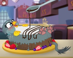 Size: 1280x1029 | Tagged: safe, artist:icaron, gabby, griffon, g4, berry, blushing, cake, cellular peptide cake (with mint frosting), chocolate, cute, female, food, food transformation, frosting, gabbybetes, happy, inanimate tf, kitchen, not dtkraus, paw pads, paws, reference, show accurate, spoon, story included, toe beans, transformation, underpaw, wat, wiggle