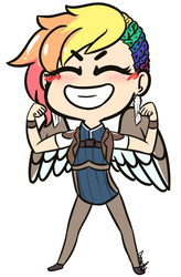 Size: 657x1000 | Tagged: safe, artist:lilliesinthegarden, oc, oc only, oc:rainbow feather, human, blushing, braid, chibi, cute, ear piercing, earring, flexing, humanized, interspecies offspring, jewelry, magical lesbian spawn, offspring, parent:gilda, parent:rainbow dash, parents:gildash, piercing, rainbow hair, winged humanization, wings