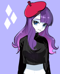 Size: 650x800 | Tagged: safe, artist:quizia, rarity, equestria girls, g4, beatnik rarity, belly button, beret, clothes, cutie mark background, female, hat, looking at you, midriff, simple background, smiling, solo, sweater
