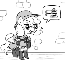 Size: 640x600 | Tagged: safe, artist:ficficponyfic, oc, oc only, oc:lockepicke, pony, cyoa:the wizard of logic tower, boots, buckle, cyoa, hat, heart, keyhole, leather, lockpicking, monochrome, pictogram, pouch, shoes, shovel, speech bubble, story included, wrapping