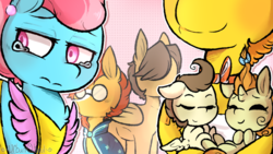 Size: 1024x576 | Tagged: safe, artist:urbanqhoul, carrot cake, cup cake, hoops, pound cake, pumpkin cake, sunburst, earth pony, pegasus, pony, unicorn, fanfic:heteropaternal superfecundation, g4, adultery, apron, baby, baby pony, cake family, cake twins, cloak, clothes, crying, eyes closed, fanfic, fanfic art, glasses, guilty, headcanon, holding a pony, infidelity