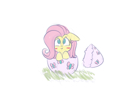 Size: 1200x900 | Tagged: safe, artist:heir-of-rick, fluttershy, pony, g4, blush sticker, blushing, colored sketch, cute, egg, female, floppy ears, hatchling, mare, shyabetes, simple background, solo, white background