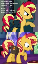Size: 2048x3414 | Tagged: safe, edit, edited screencap, screencap, sunset shimmer, equestria girls, equestria girls specials, g4, mirror magic, my little pony equestria girls, book, color palette, comparison, cropped, crystal castle, crystal empire, cutie mark, english, female, high res, japanese, library, raised hoof, saddle bag, shelves, solo, table, twilight's castle, twilight's castle library