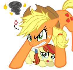 Size: 540x522 | Tagged: safe, artist:akira himekawa, artist:haleyc4629, edit, applejack, oc, oc:apple custard, pony, g4, angry, cross-popping veins, crying, defending, defense, edited base, guard, guarding, next generation, offspring, parent:applejack, parent:flim, parents:flimjack, protecting, protection, simple background, taking custody, this will end in divorce, white background