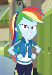 Size: 281x405 | Tagged: safe, screencap, rainbow dash, best trends forever, best trends forever: rainbow dash, equestria girls, g4, my little pony equestria girls: better together, big smile, blinking, blue skin, clenched fist, clothes, cutie mark on clothes, female, geode of super speed, grin, hoodie, jewelry, magical geodes, multicolored hair, necklace, pants, pink eyes, rainbow hair, shirt, smiling, sweatpants, teeth, wristband