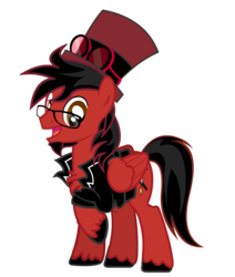 Size: 1400x1648 | Tagged: artist needed, safe, oc, oc only, oc:toonkriticy2k, pegasus, pony, clothes, facial hair, glasses, goggles, hat, male, raised hoof, red and black oc, simple background, stallion, top hat, transparent background, unshorn fetlocks