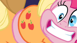 Size: 700x394 | Tagged: safe, edit, edited screencap, screencap, applejack, pinkie pie, pony, g4, shadow play, animated, applebutt, butt, butt touch, butthug, faceful of ass, female, hug, pinkie hugging applejack's butt, plot, squishy, this will end in pain