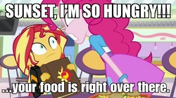 Size: 3649x2048 | Tagged: safe, edit, edited screencap, screencap, pinkie pie, sunset shimmer, equestria girls, equestria girls specials, g4, my little pony equestria girls: mirror magic, cropped, emotional, high res, hungry, image macro, journal, meme, oblivious, overreacting, unaware