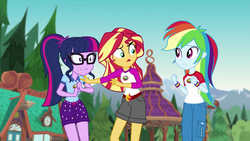 Size: 1280x720 | Tagged: safe, screencap, rainbow dash, sci-twi, sunset shimmer, twilight sparkle, equestria girls, g4, my little pony equestria girls: legend of everfree, building, camp everfree outfits, clothes, female, gazebo, glasses, open mouth, protecting, scenery, shorts, wristband