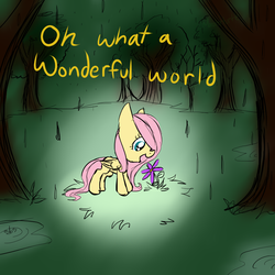 Size: 1000x1000 | Tagged: dead source, safe, artist:lullabyprince, fluttershy, pegasus, pony, g4, amazed, female, flower, folded wings, forest, innocence, looking at something, looking down, open mouth, profile, rain, smiling, solo, standing, wings