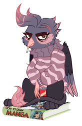Size: 389x593 | Tagged: safe, artist:whalepornoz, oc, oc only, oc:glaurgh, griffon, bags under eyes, book, cigarette, clothes, griffon oc, how to draw manga, simple background, smoking, solo, sweater, tin can, transparent background