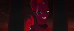 Size: 1920x804 | Tagged: safe, screencap, tempest shadow, pony, g4, my little pony: the movie, amused, beautiful, broken horn, cage, eye scar, female, horn, lidded eyes, looking at you, mocking, scar, smiling, solo