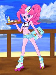 Size: 774x1033 | Tagged: safe, artist:xjleiu, pinkie pie, coinky-dink world, eqg summertime shorts, equestria girls, g4, adorasexy, armpits, belly button, bikini, bikini top, breasts, burger, clothes, cup, cute, diapinkes, drink, female, food, french fries, front knot midriff, hamburger, midriff, ocean, open mouth, pixiv, ponytail, roller skates, server pinkie pie, serving tray, sexy, shorts, socks, solo, swimsuit, teacup, tray, waitress