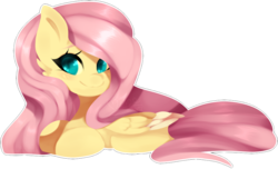 Size: 961x584 | Tagged: safe, artist:bebeuru, fluttershy, pegasus, pony, g4, cute, female, folded wings, looking at you, looking sideways, outline, prone, shyabetes, simple background, smiling, solo, sticker, transparent background, wings