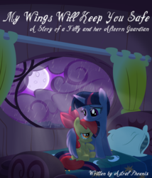 Size: 2055x2399 | Tagged: safe, artist:cayfie, apple bloom, twilight sparkle, alicorn, earth pony, pony, fanfic:my wings will keep you safe, g4, bed, comforting, cover art, duo, fanfic, female, filly, golden oaks library, high res, hug, mare, moon, night, rain, scared, sitting, storm, twilight sparkle (alicorn), winghug