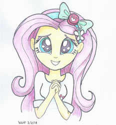 Size: 650x700 | Tagged: safe, artist:astevenamedwolf, fluttershy, equestria girls, g4, bust, clothes, cute, female, hair ornament, hairband, head tilt, looking at you, portrait, shyabetes, simple background, smiling, solo, traditional art, white background