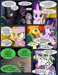 Size: 1275x1650 | Tagged: safe, artist:dsana, spike, starlight glimmer, sunburst, twilight sparkle, dragon, pony, comic:the shadow shard, g4, 10 of spades, ace of spades, angry, baby, baby dragon, book, card, comic, dialogue, female, filly, filly twilight sparkle, floppy ears, gem, glasses, jack of spades, king of spades, poker, queen of spades, royal flush, speech bubble, younger