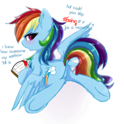 Size: 1400x1400 | Tagged: safe, artist:heddopen, rainbow dash, pegasus, pony, g4, angry, blushing, book, butt, dock, featureless crotch, female, looking at you, looking back, looking back at you, lying, mare, plot, rear view, simple background, tail, title, underhoof, white background, wings