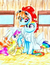 Size: 1742x2273 | Tagged: safe, artist:liaaqila, rainbow dash, scootaloo, windy whistles, pegasus, pony, g4, animal costume, chest fluff, chick, chicken coop, chicken suit, clothes, costume, cute, cutealoo, daaaaaaaaaaaw, dashabetes, eye contact, family, female, filly, googly eyes, happy, hay, henbow dash, hug, leg fluff, liaaqila is trying to murder us, looking at each other, mare, mother and child, mother and daughter, one eye closed, open mouth, raised hoof, scootachicken, scootadoption, scootalove, siblings, silly, sisters, sitting, smiling, traditional art, trio, windybetes, winghug, wink