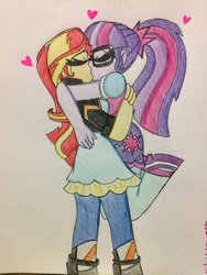 Size: 1024x1365 | Tagged: safe, artist:sugarkittycat04, sci-twi, sunset shimmer, twilight sparkle, equestria girls, g4, boots, clothes, duo, eyes closed, female, glasses, heart, high heel boots, hug, jacket, kissing, leather jacket, lesbian, mary janes, miniskirt, ponytail, ship:sci-twishimmer, ship:sunsetsparkle, shipping, shoes, simple background, skirt, socks, thigh highs, thigh socks, traditional art