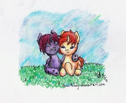 Size: 1455x1197 | Tagged: safe, artist:pencilmelody, oc, oc only, oc:golden pen, oc:æther blade, changeling, pony, unicorn, changeling oc, colored pencil drawing, cuddling, cute, grass, male, red changeling, traditional art, ych result