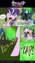 Size: 800x1440 | Tagged: safe, artist:emositecc, queen chrysalis, spike, starlight glimmer, changeling, dragon, pony, unicorn, comic:spike to the rescue, g4, molt down, comic, evil laugh, magic, speech bubble, winged spike, wings